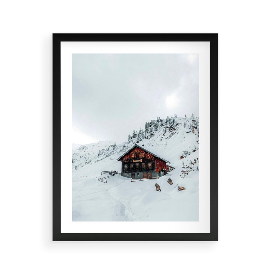 Plakat w ramie 40x50 - Zimowa Magia - domek, śnieg - rama czarna