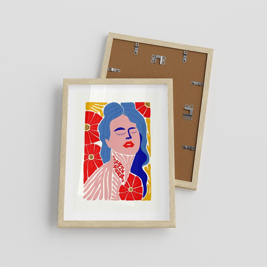 Plakat w ramie 30x40 - Nowoczesna Twarz - nowoczesna grafika, kolorowa twarz kobiety - rama drewno