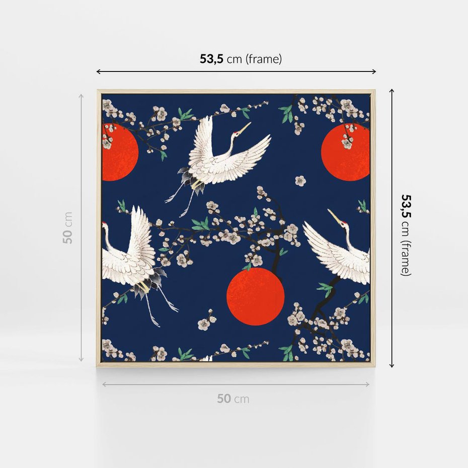 Obraz w ramie 50x50 - Japońskie Żurawie Indygo - sztuka japońska, japonia - rama drewno
