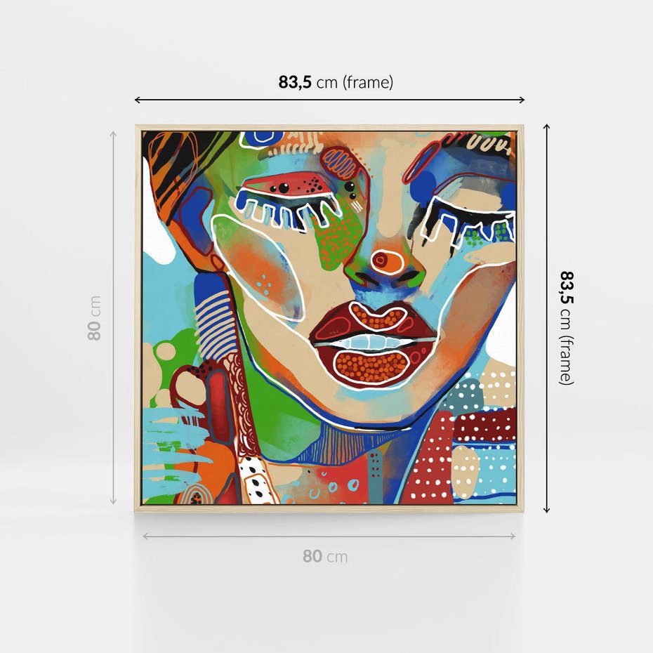 Obraz w ramie 80x80 - Kolorowe Formy - abstrakcyjny portret kobiety, twarz - rama drewno