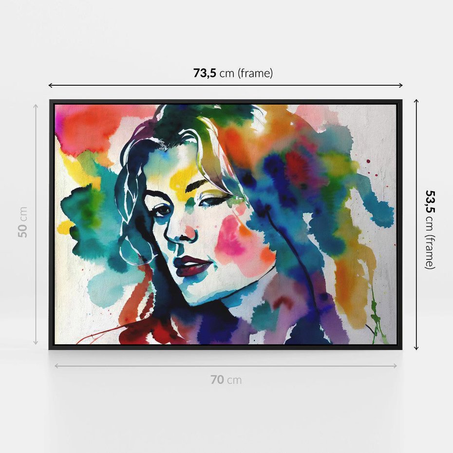 Obraz w ramie 70x50 - Abstrakcyjna ekstaza barw - abstrakcyjny portret kobiety, szkic czarną kreską - rama czarna