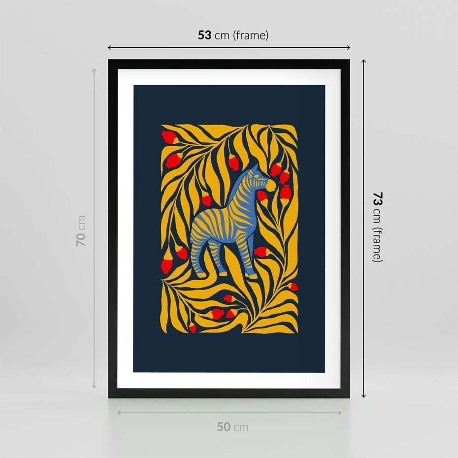 Plakat w ramie 50x70 - Wibracje Wyobraźni - zebra, granatowe tłó - rama czarna