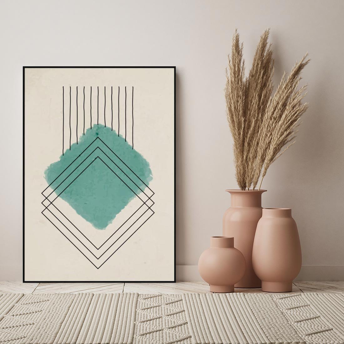 Obraz w ramie 70x100 - Impresje Przestrzeni - akwarelowa plama, geometryczne szkicowane kształty - rama czarna