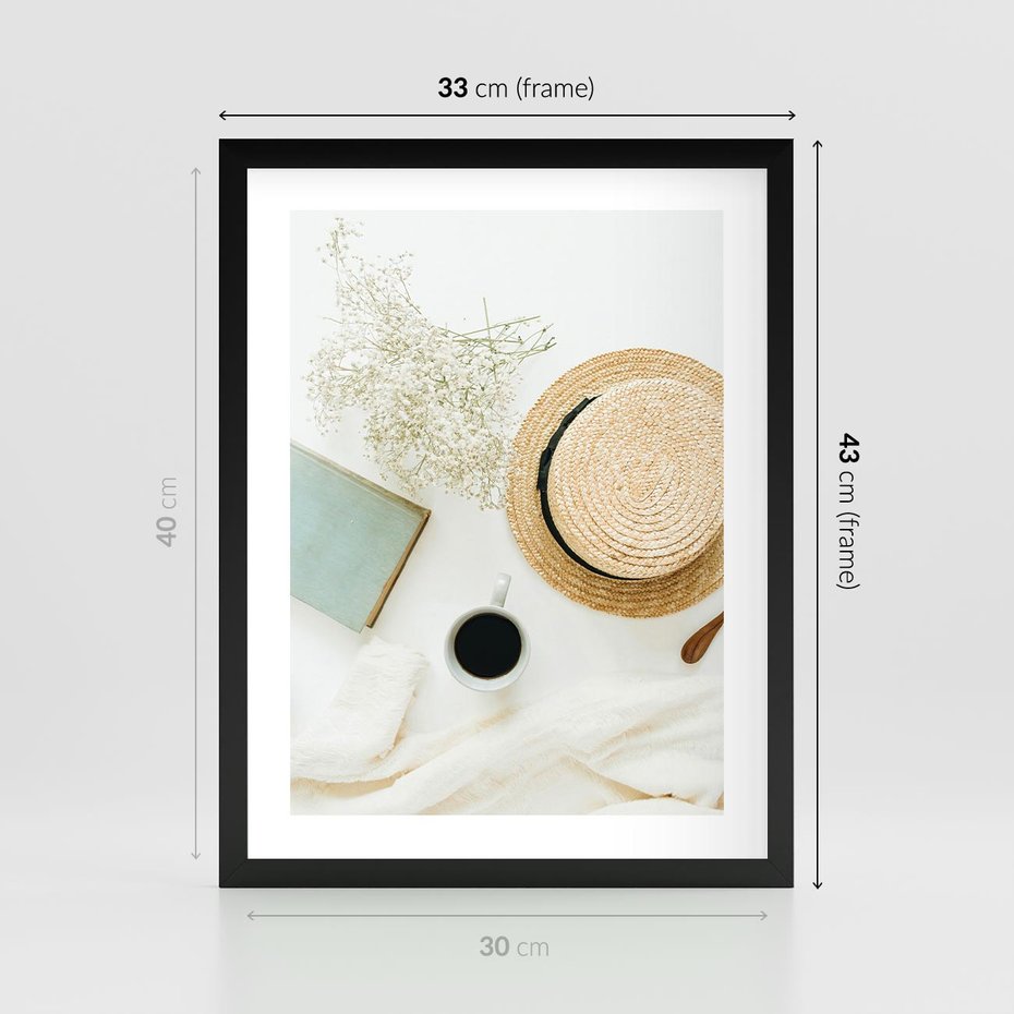 Plakat w ramie 30x40 - Boho Urok - kompozycja boho, slomkowy kapelusz - rama czarna