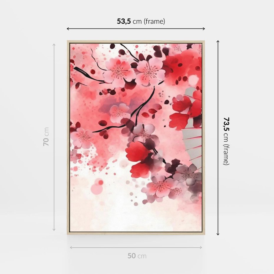 Obraz w ramie 50x70 - Szept Kwitnącej Wiśni - japoński parasol, liście - rama drewno