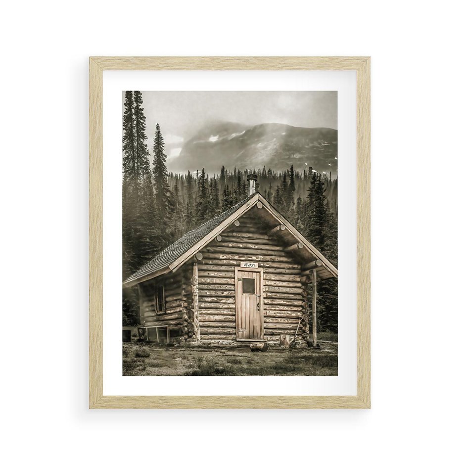 Plakat w ramie 40x50 - Urok Drewnianej Chatki w Górach - chatka w górach, drewniany domek - rama drewno