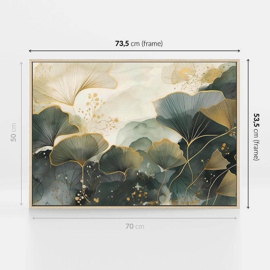 Obraz w ramie 70x50 - Natura w Złotym Odcieniu - złote elementy, liście miłorzębu japońskiego - rama drewno
