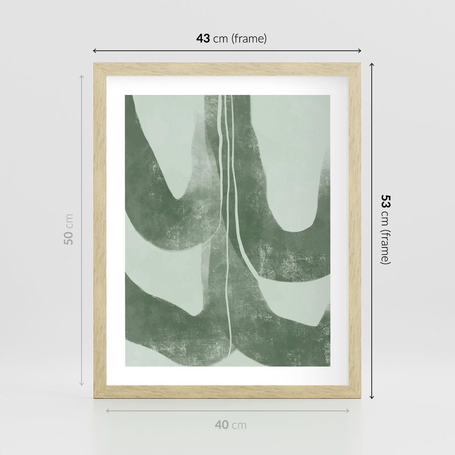 Plakat w ramie 40x50 - Nurtująca Kompozycja Zieleni - abstrakcyjne delikatne zielone linie, podobne do gałęzi kwiatów - rama drewno