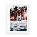 Plakat w ramie 50x70 - Tropikalna Uroda: Plaża z Mewą - tropikalna plaża, mewa na piasku - rama biała