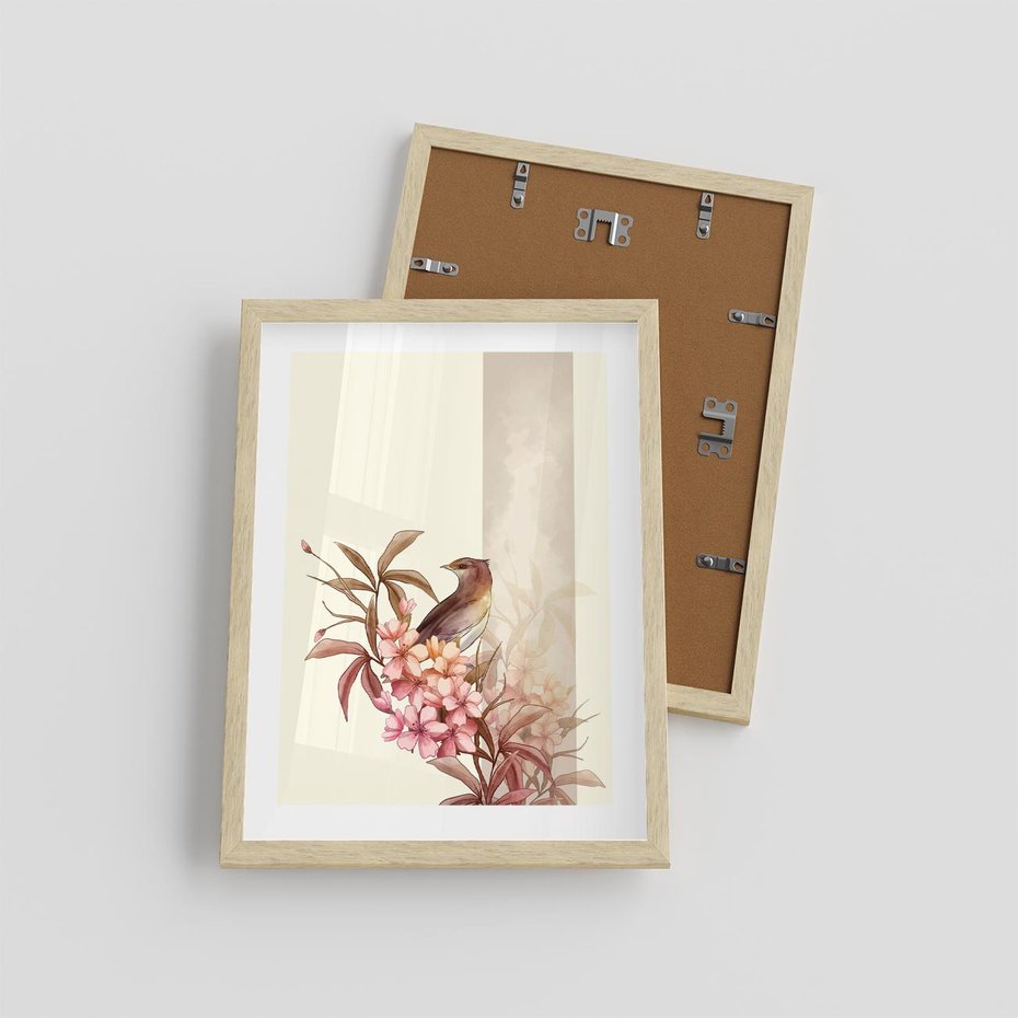 Plakat w ramie 30x40 - Kwiatowe Zanurzenie - japońska sztuka, ptak - rama drewno