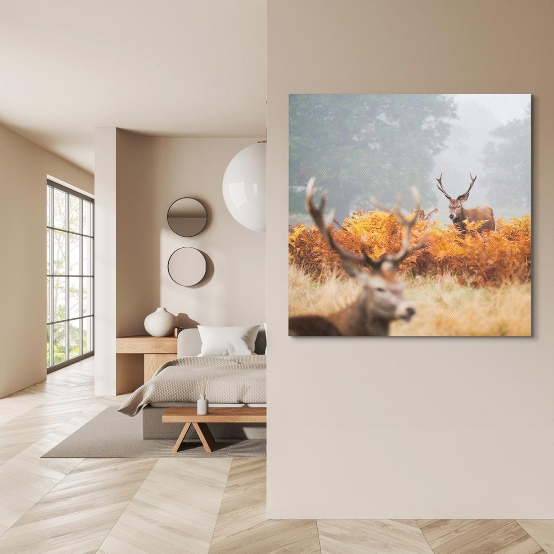 Obraz na płótnie 60x60 - Malownicza Harmonia - jelenie, jesień