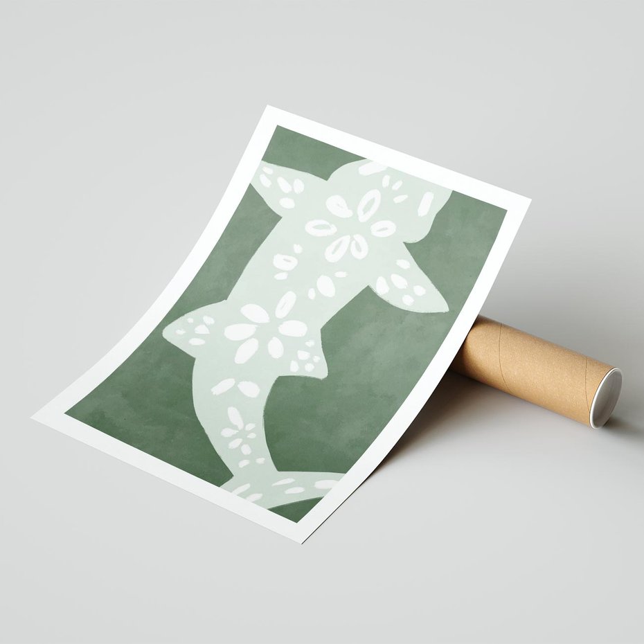 Plakat bez ramy 21x30 - Migotliwe Wibracje Zieleni - zielony plakat, abstrakcja przypominająca rybę