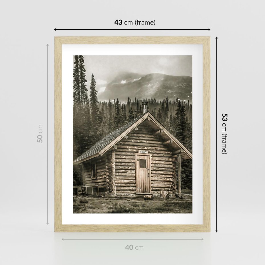 Plakat w ramie 40x50 - Urok Drewnianej Chatki w Górach - chatka w górach, drewniany domek - rama drewno