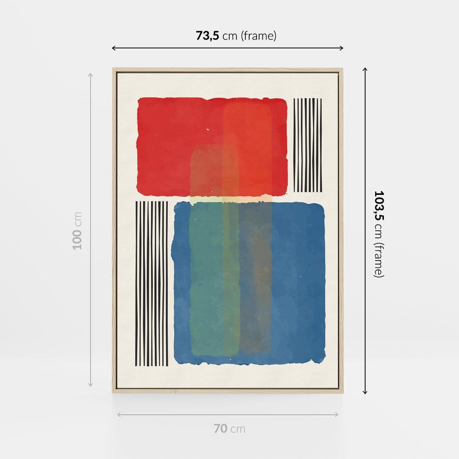 Obraz w ramie 70x100 - Kolorowe Spektrum - kolorowa geometria, prostokąty w intensywnych kształtach i czarne kreski - rama drewno