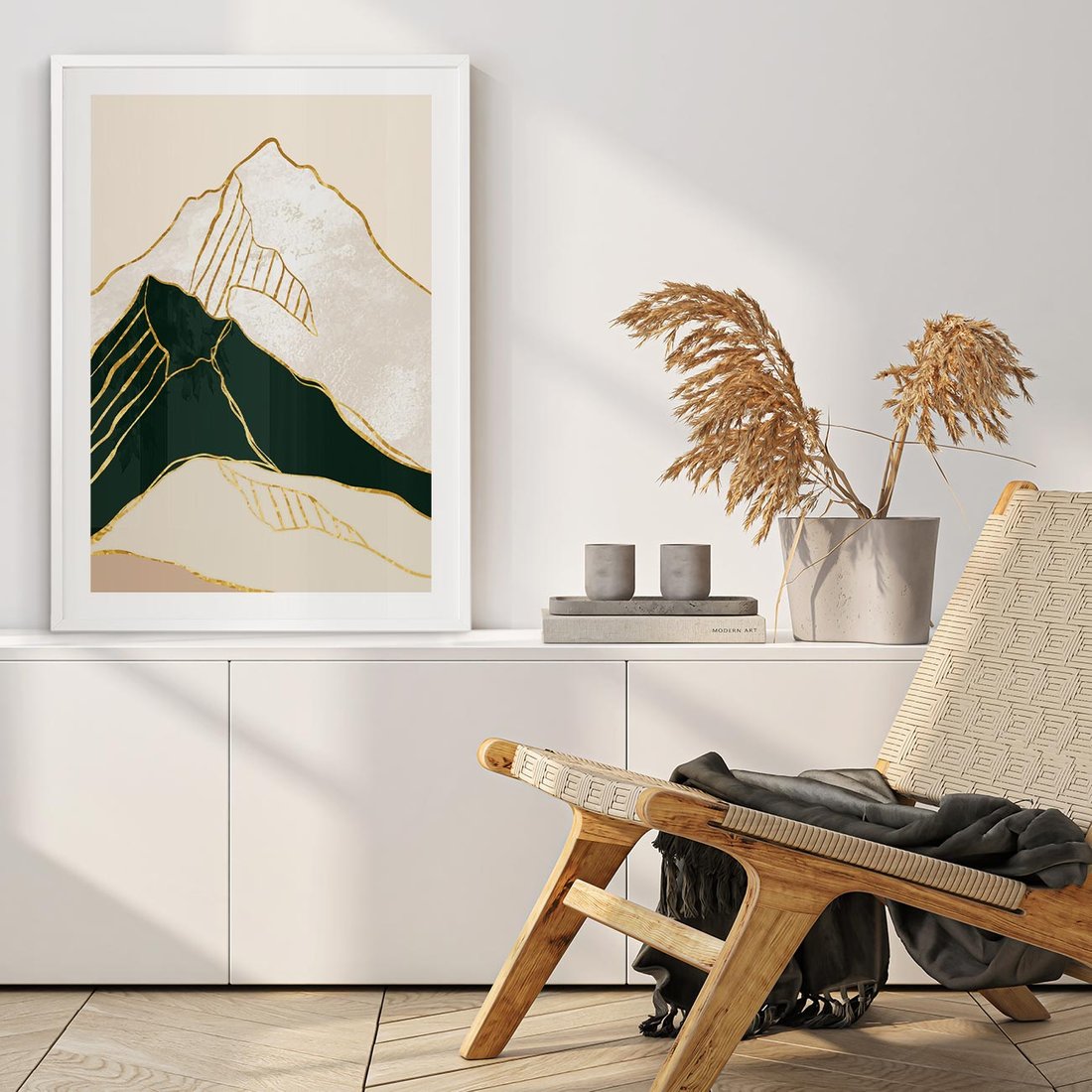 Plakat w ramie 40x50 - Minimalistyczne Góry: Złota Sztuka Natury - minimalistyczna grafika, góry - rama biała