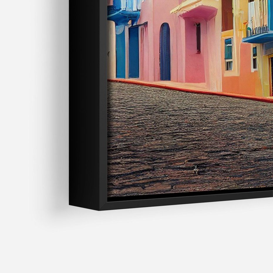 Obraz w ramie 70x100 - Ekspresja marzeń i tęsknot - pastelowe kolorowe budynki, wzdłuż ulicy - rama czarna