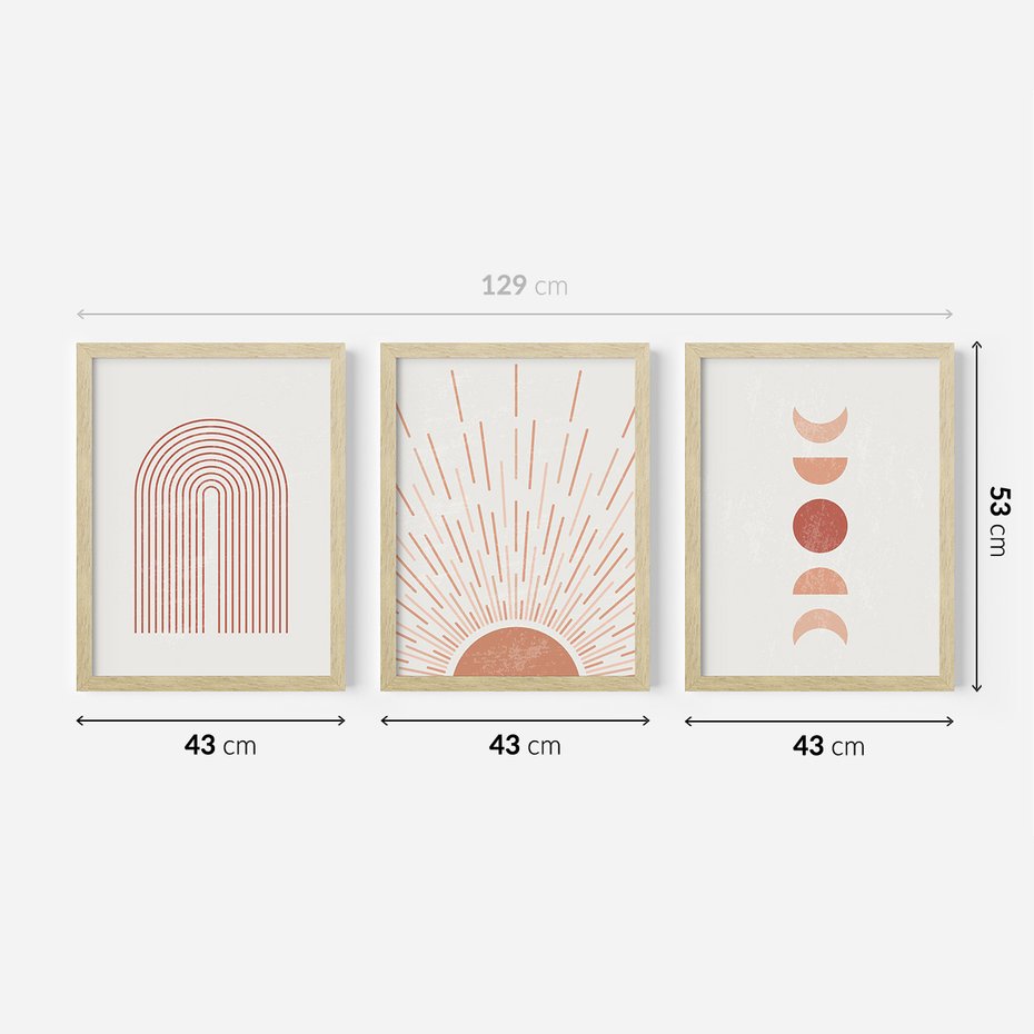 Zestaw obrazy w ramie 40x50 galeria - Boho, słońce, graficzne - rama drewno