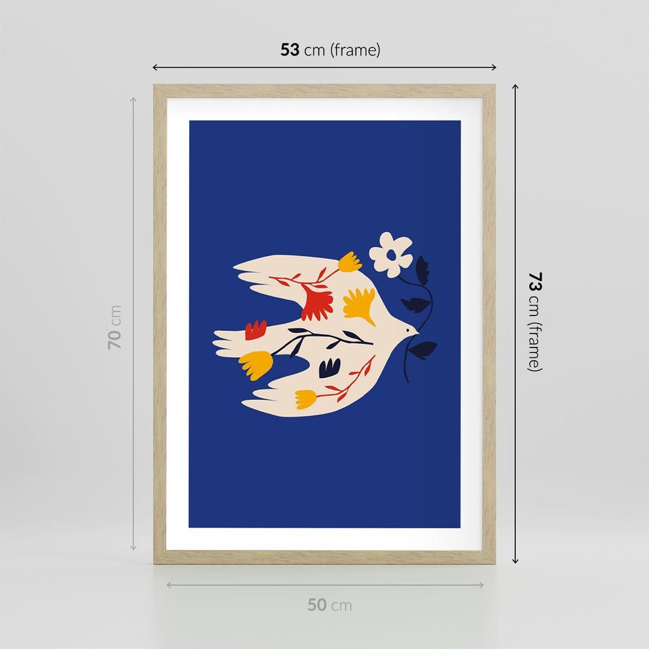 Plakat w ramie 50x70 - Bezczasowy Szept - niebieskie tło, abstrakcyjny biały ptak - rama drewno