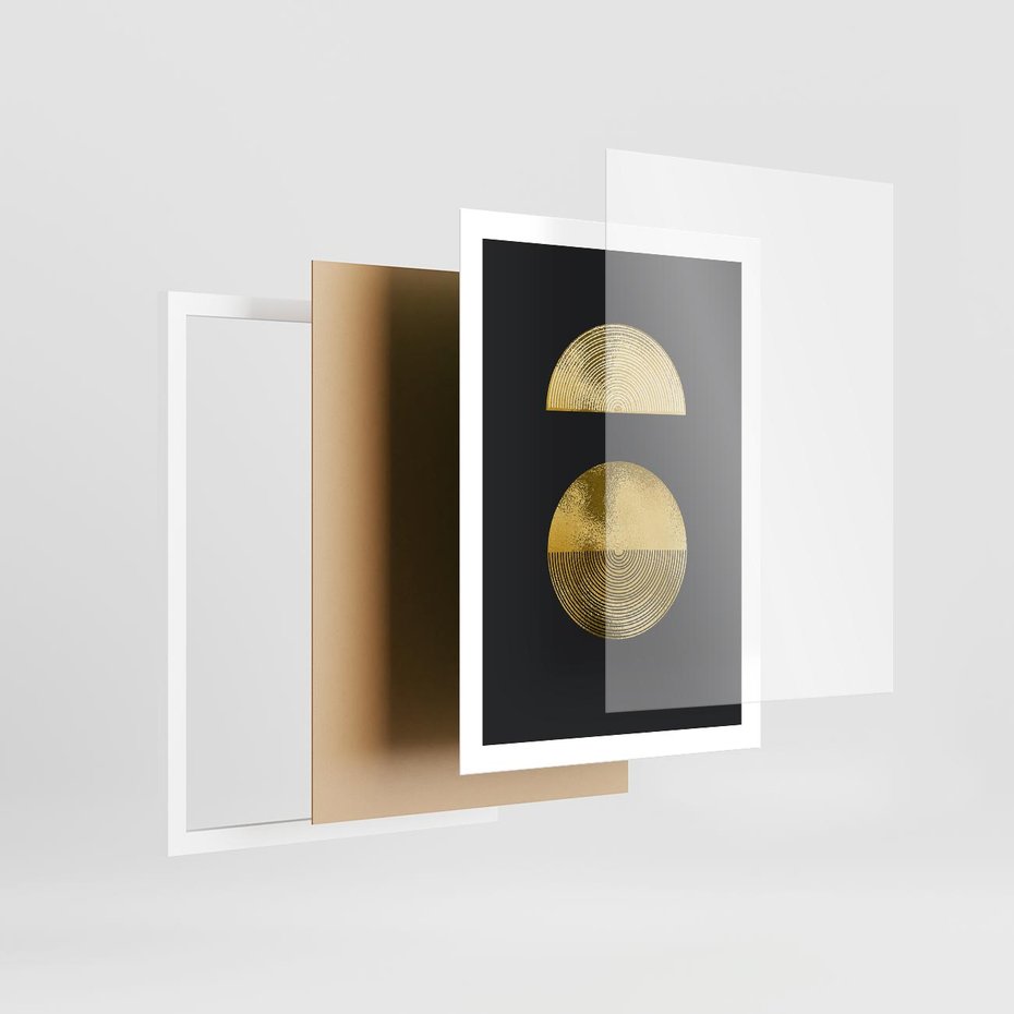 Plakat w ramie 50x70 - Migotliwe Przeniknięcia - złote koła, czarne tło - rama biała