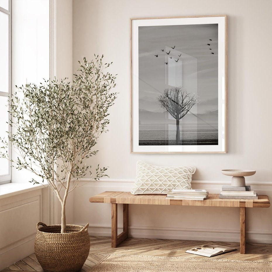 Plakat w ramie 30x40 - Samotne Drzewo - samotne drzewo w polu, czarno białe zdjęcie - rama drewno