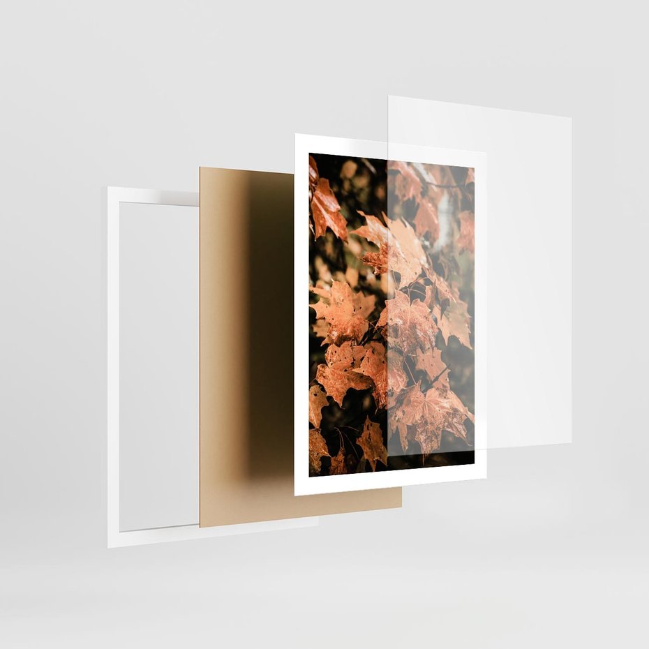 Plakat w ramie 50x70 - Ciepło Jesieni - jesienne pomarańczowe liśćie, jesień - rama biała