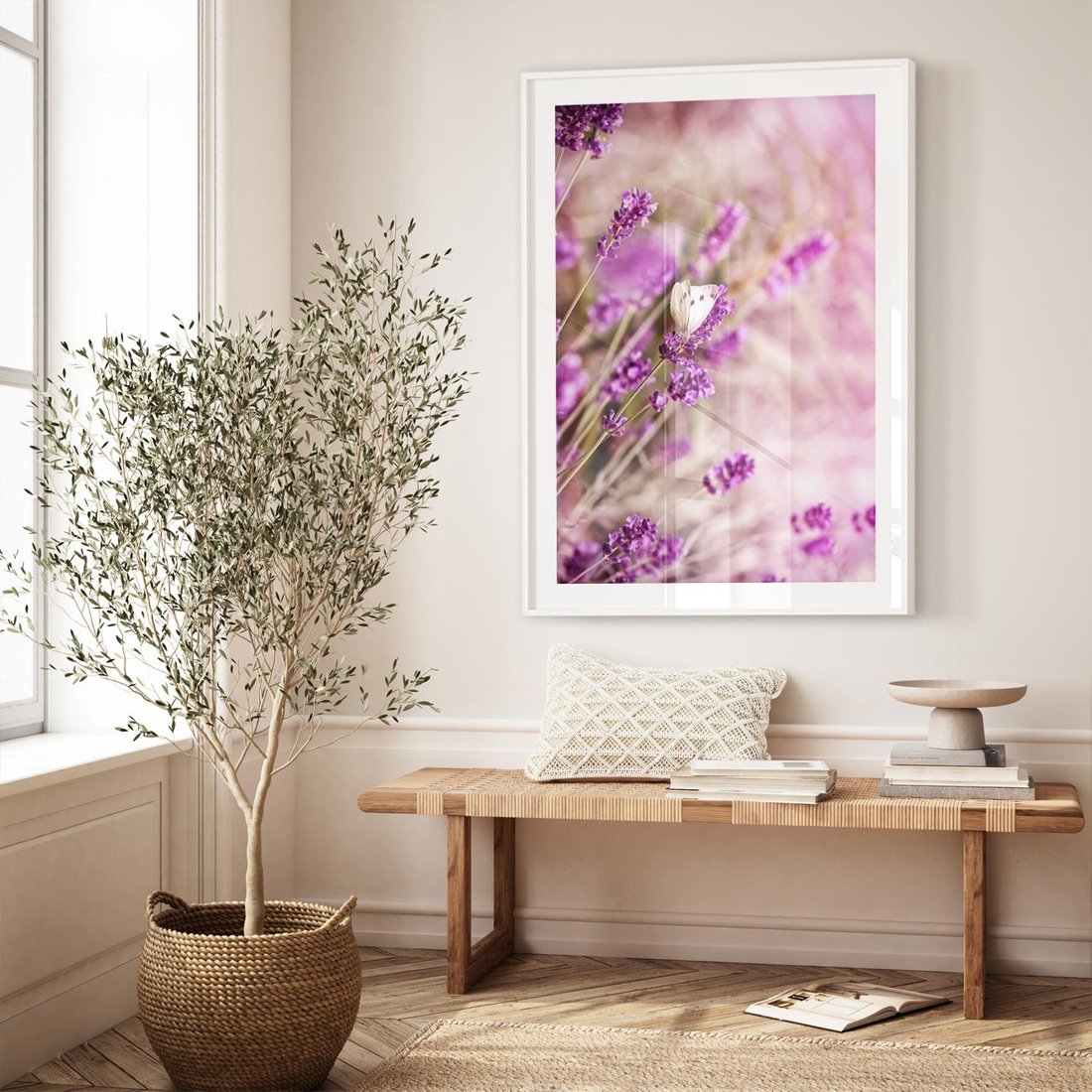 Plakat w ramie 30x40 - Majestat lawendy: fioletowe pola - lawenda, fiolet - rama biała