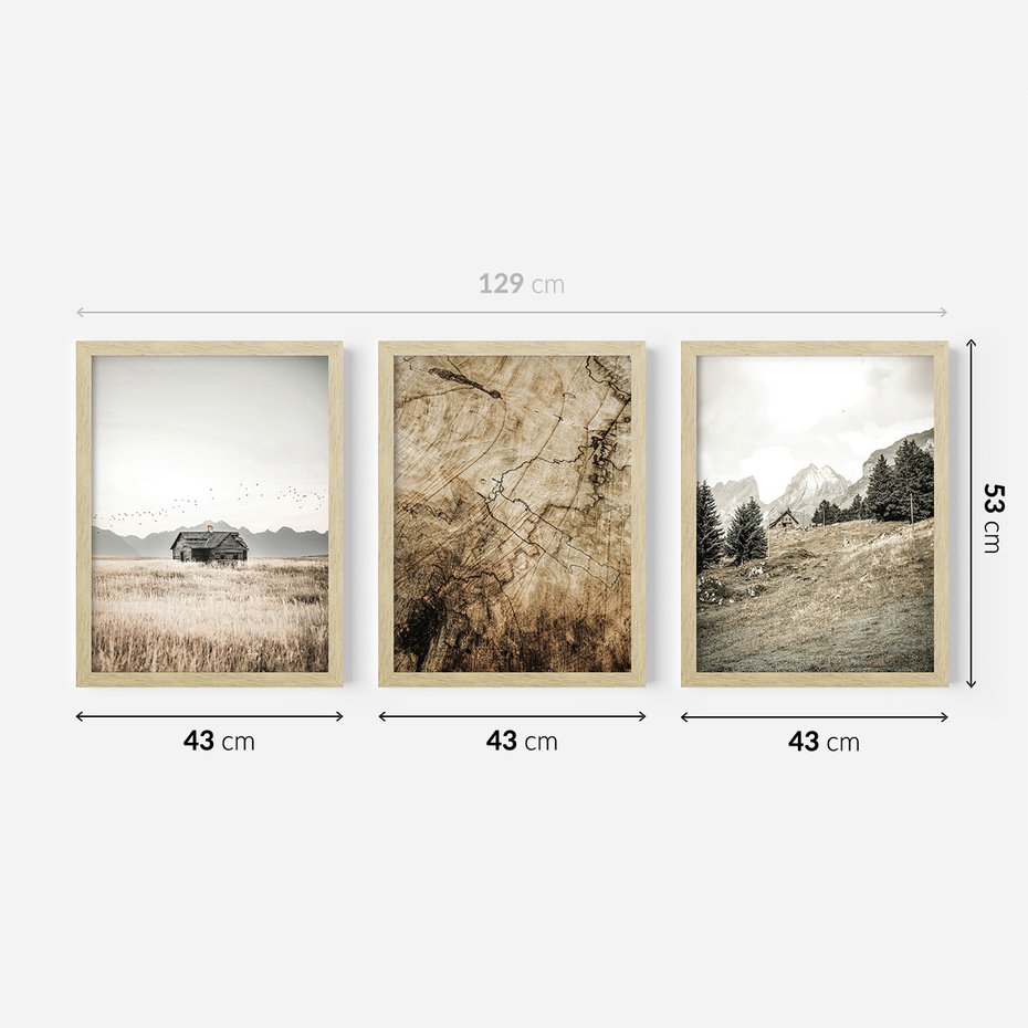 Zestaw obrazy w ramie 40x50 galeria - Rustykalne, pejzaże, góry, chatka - rama drewno
