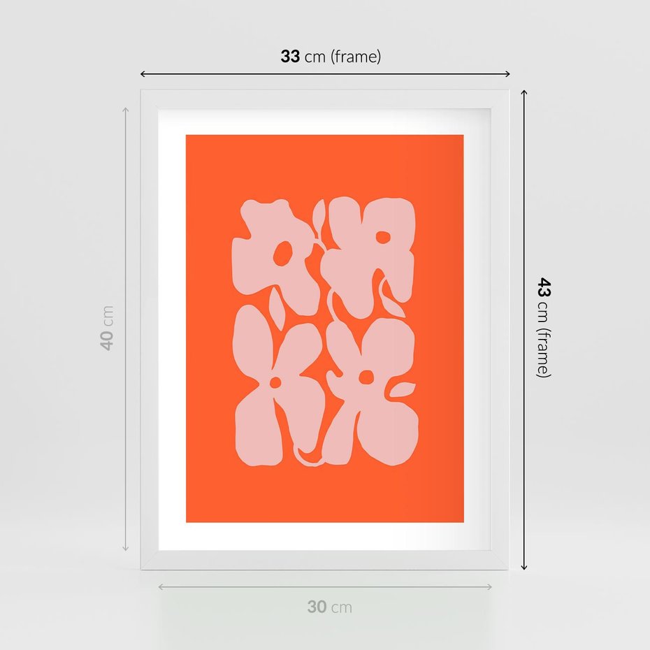 Plakat w ramie 30x40 - Taniec Abstrakcji - kwiaty, energetyczne pomarańczowe tłó - rama biała