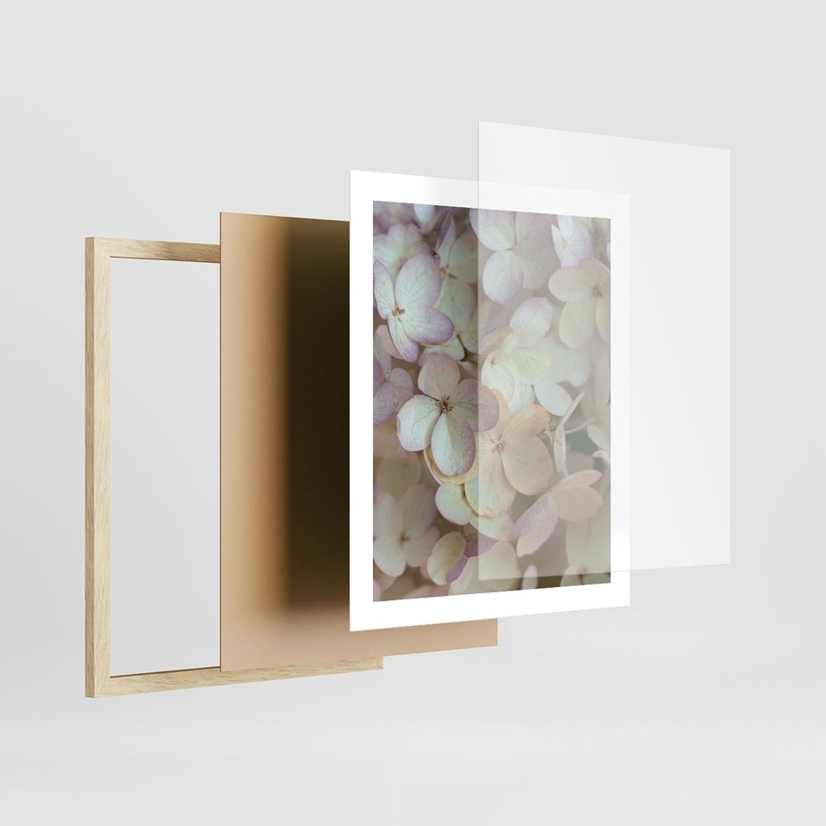 Plakat w ramie 40x50 - Kwiatowy taniec - kwiaty, hortensje - rama drewno