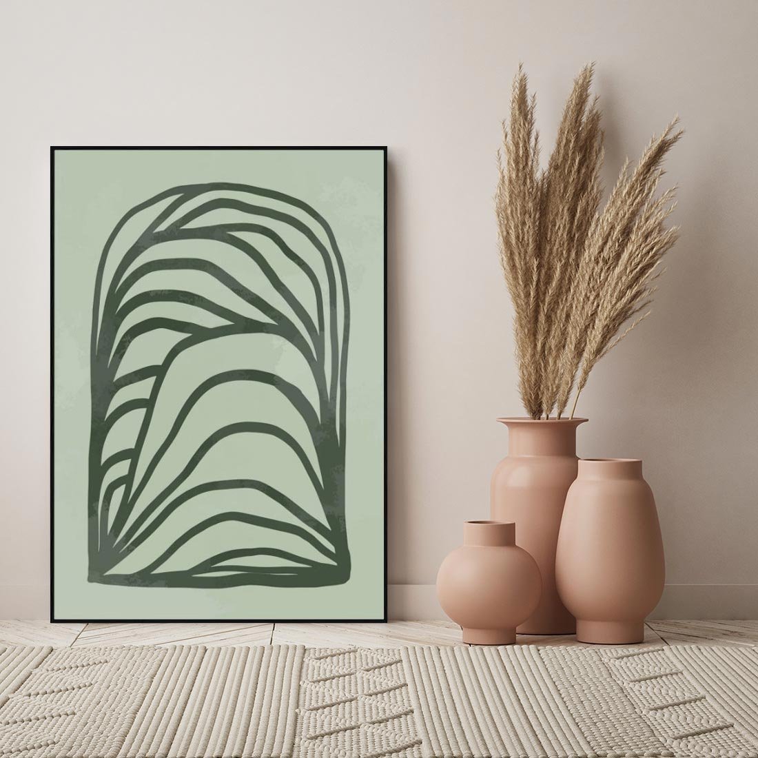 Obraz w ramie 50x70 - Zielonkawy Uścisk Natury - abstrakcyjny zielony motyw, skandynawski design - rama czarna