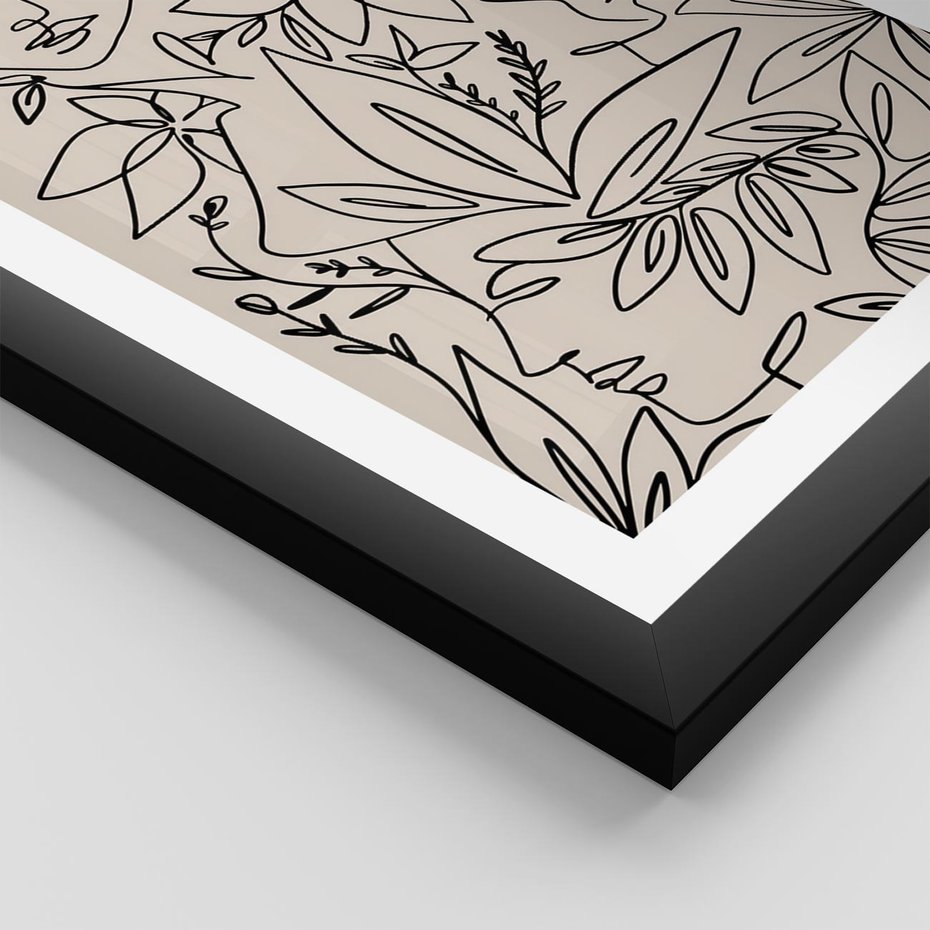 Plakat w ramie 30x40 - Kobiecy Portret Duszy - beżowe tło, czarny szkic nowoczesnych kwiatów - rama czarna