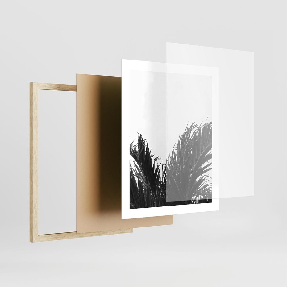 Plakat w ramie 40x50 - Tropikalna Uroda w Czerni i Bieli - fotografia czarno biała, liście palmy - rama drewno
