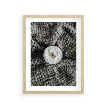 Plakat w ramie 30x40 - Relaks z Kawą i Kocem - ciepły wełniany koc, kawa z bitą śmietaną - rama drewno
