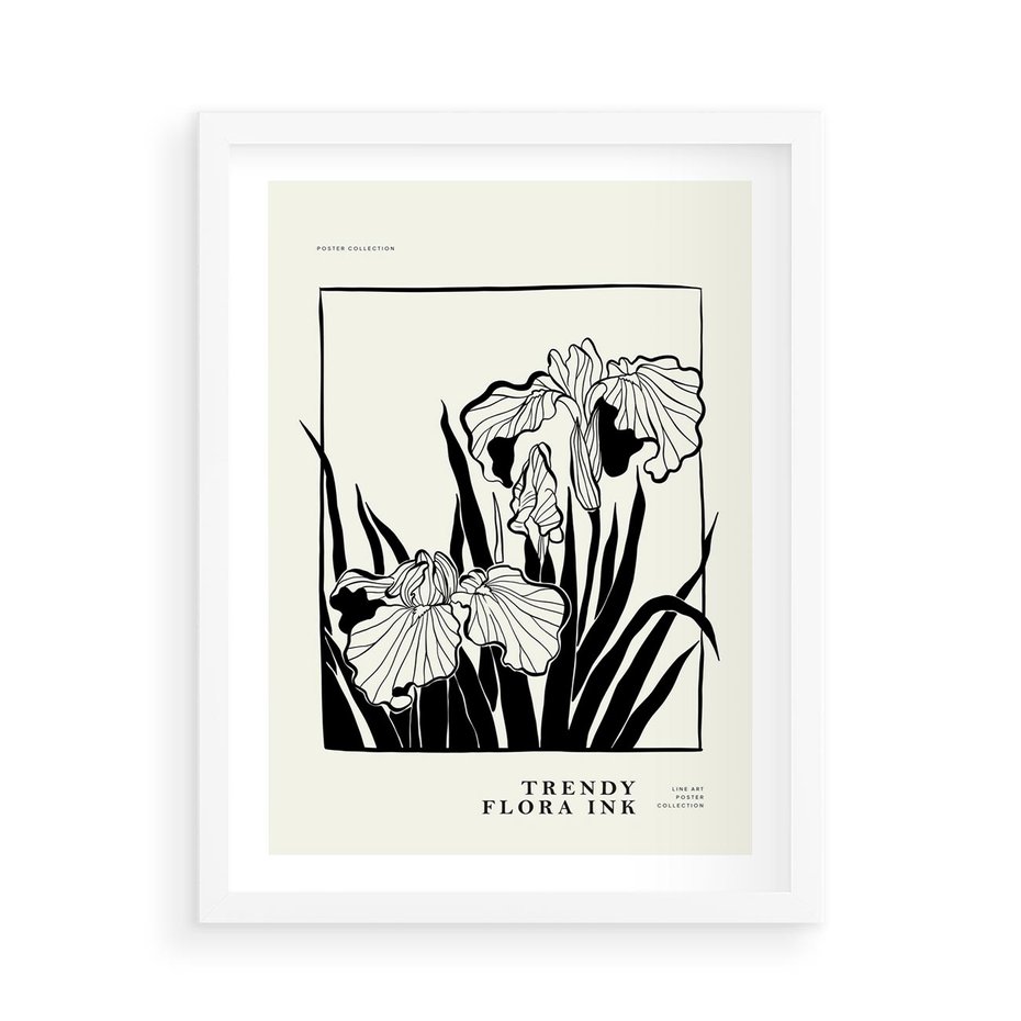 Plakat w ramie 50x70 - Spojrzenia na szkicowaną przeszłość - kwiaty, typografia - rama biała