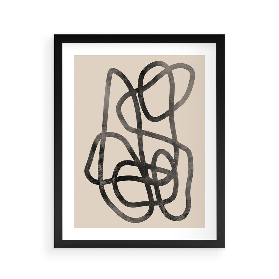 Plakat w ramie 40x50 - Przenikanie Wirtualnych Wymiarów - zaplątane minimalistyczne linie, na bezowym tle - rama czarna