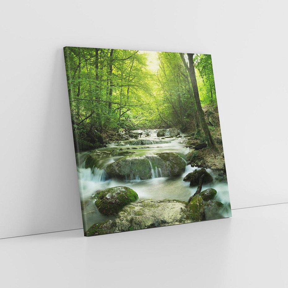 Obraz na płótnie 40x40 - Ukojenie strumienia: Spotkanie z naturą - strumyk, las