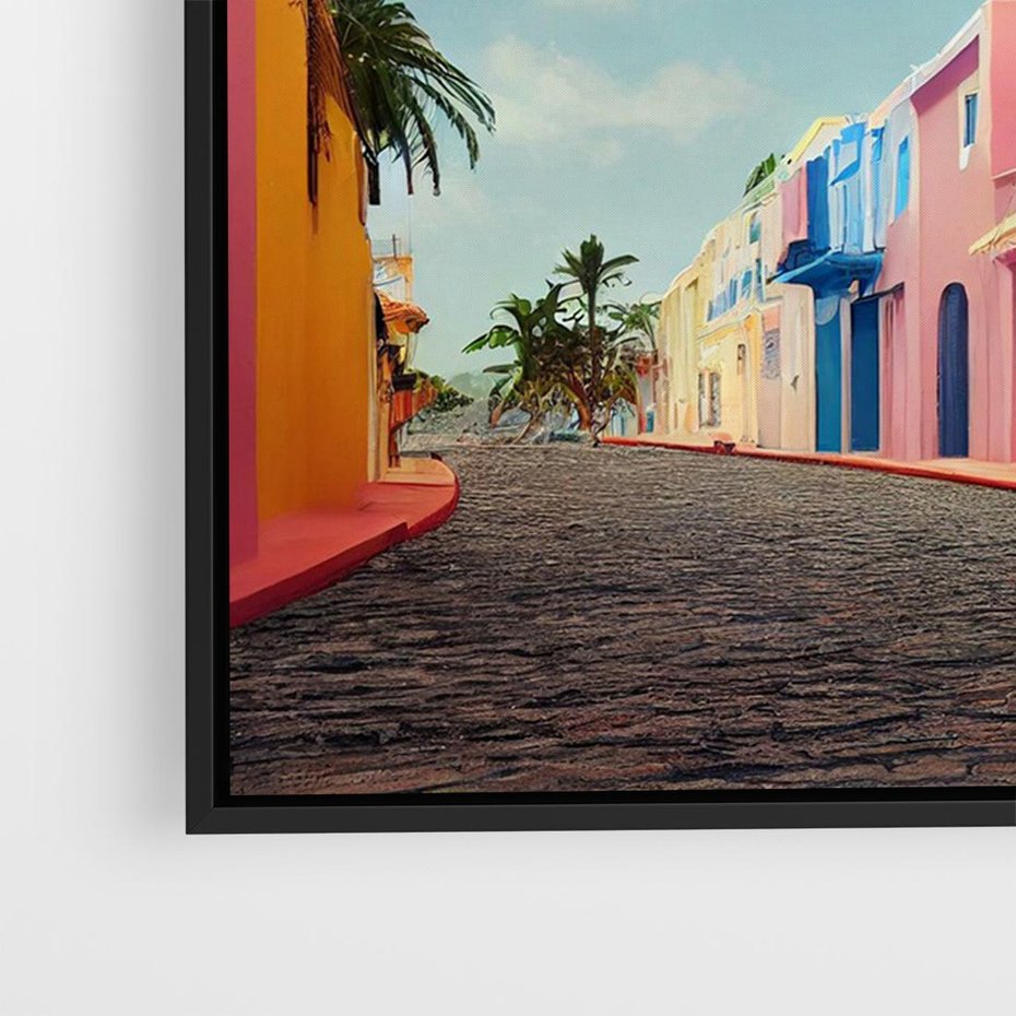 Obraz w ramie 100x70 - Ekspresja marzeń i tęsknot - pastelowe kolorowe budynki, wzdłuż ulicy - rama czarna