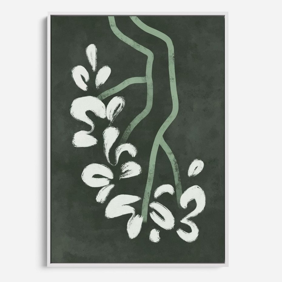 Obraz w ramie 80x120 - Rozkwitające Zielone Gałęzie - abstrakcyjne delikatne zielone linie, podobne do gałęzi kwiatów - rama biała