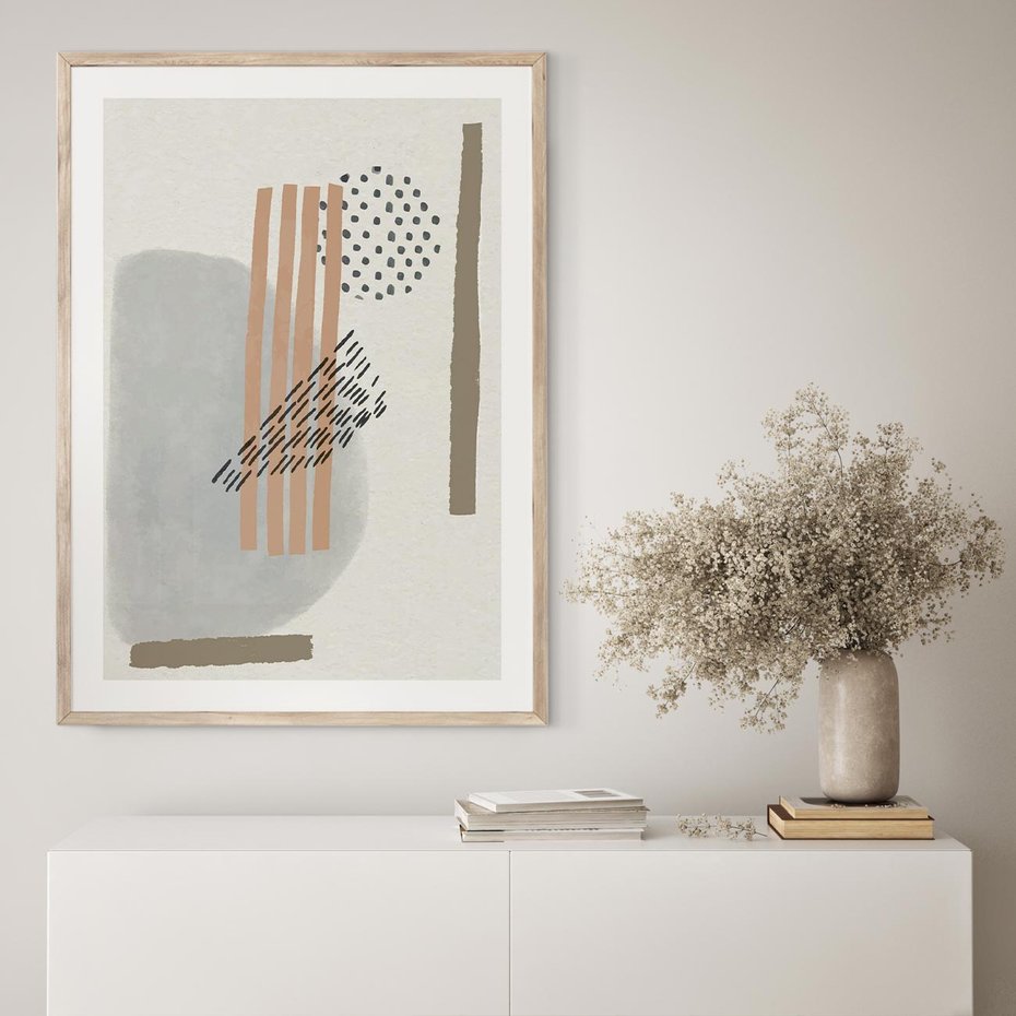 Plakat w ramie 30x40 - Nowoczesna Abstrakcja: Delikatne Beże - abstrakcja, nowoczesna sztuka - rama drewno