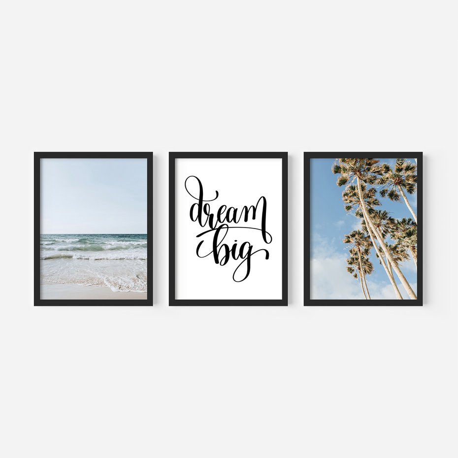 Zestaw obrazy w ramie 50x70 galeria - Dream, big, palmy, morze - rama czarna