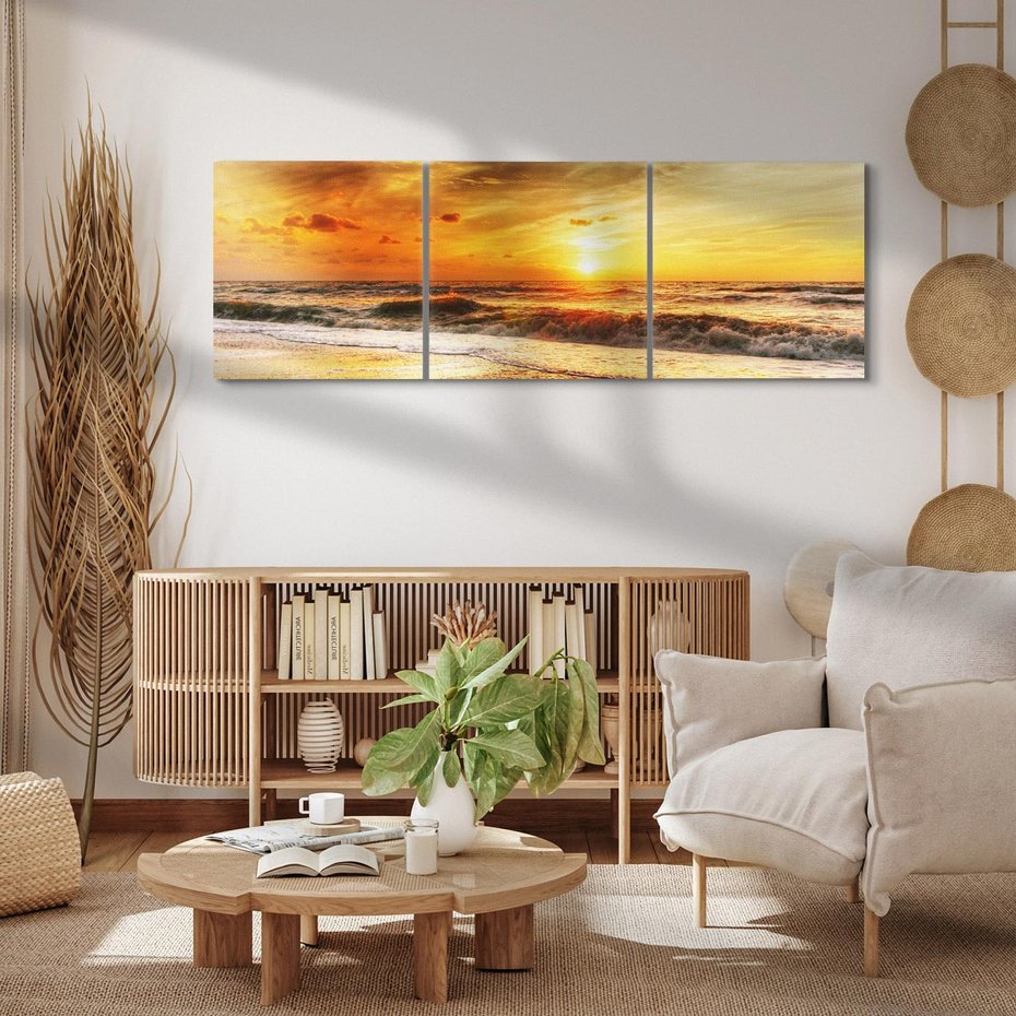 Obraz na płótnie 150x50 - Plaża Morza i Fale Zachodu Słońca - plaża, morze