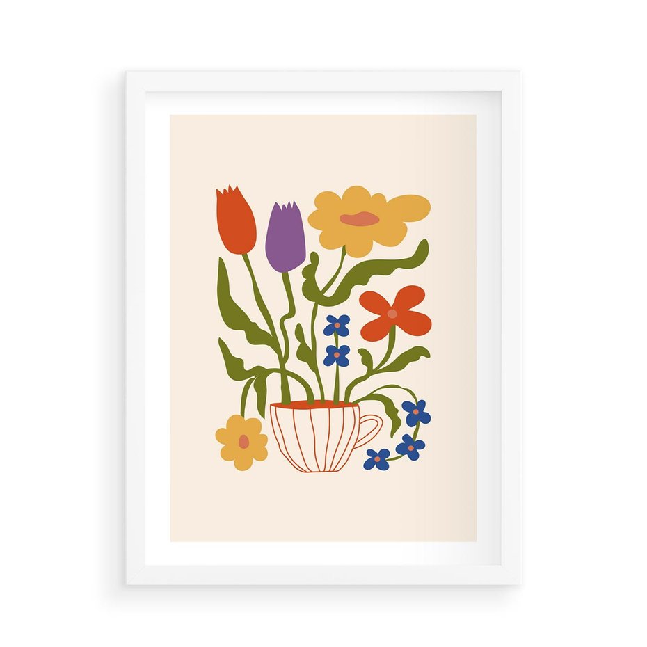 Plakat w ramie 50x70 - Kolorowe Granice - kwiaty w filizance, abstrakcja - rama biała