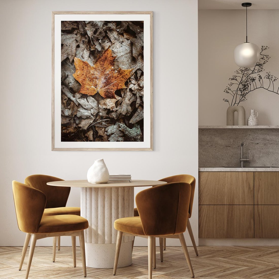 Plakat w ramie 30x40 - Jesienne Czarowanie - suchy liść, żółty - rama drewno