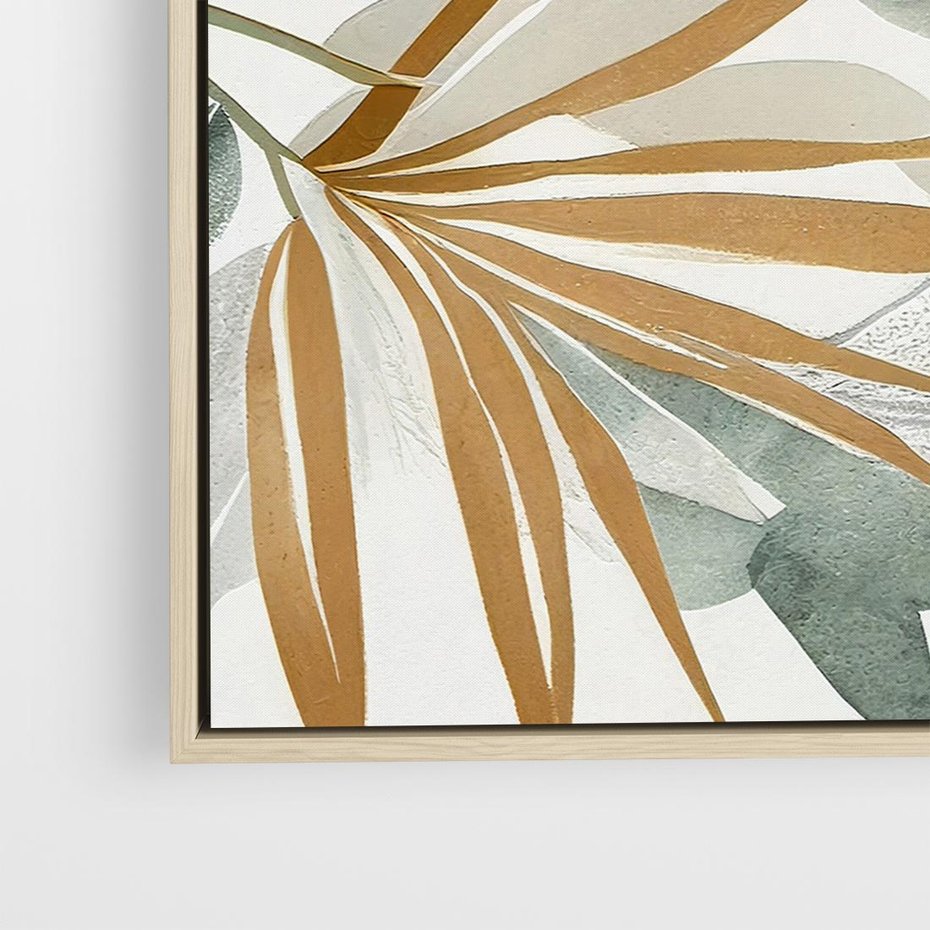 Obraz w ramie 80x80 - Współbrzmienie wewnętrznego ja - kompozycja z tropikalnych liści, stonowane kolory - rama drewno