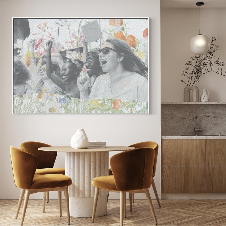 Obraz w ramie 120x80 - Księga zaklętych marzeń - kolaż, czarnobiałe zdjęcie wesołych młodych ludzi - rama biała