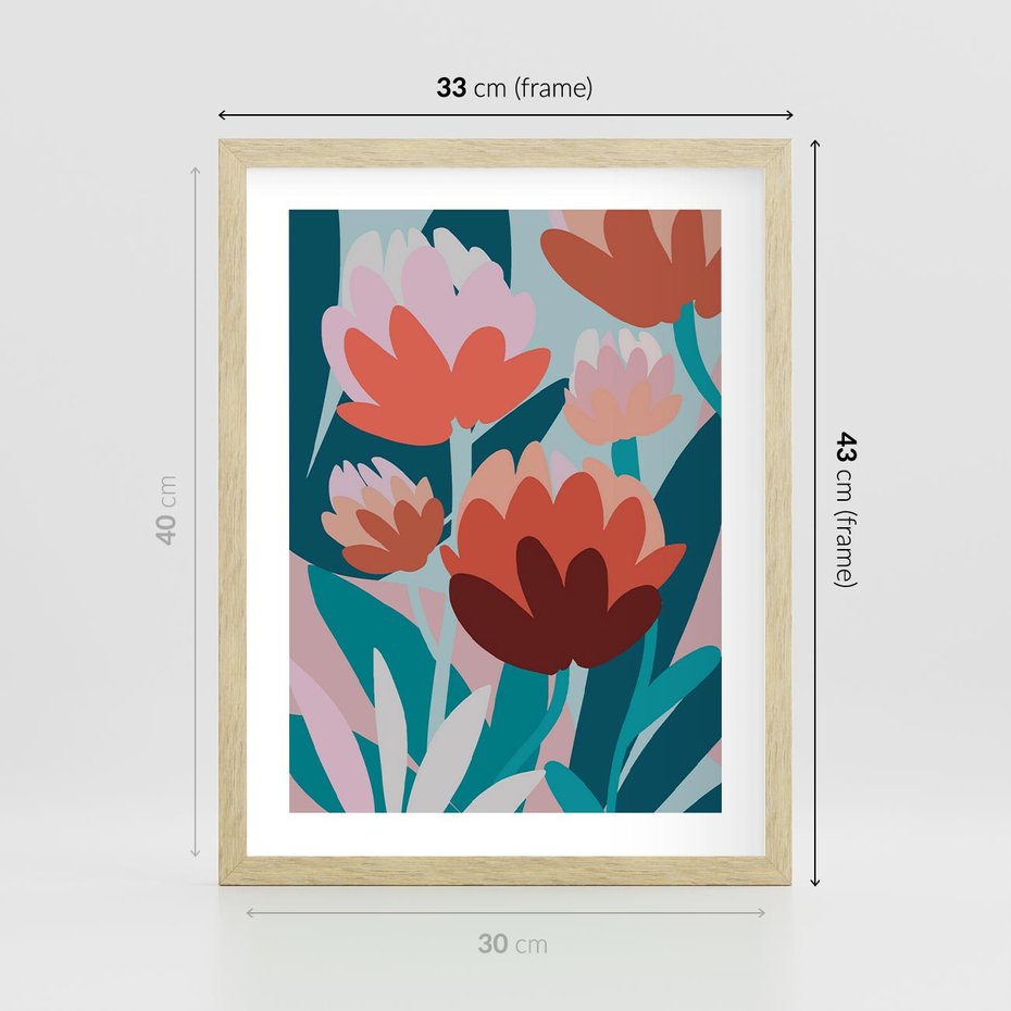 Plakat w ramie 30x40 - Symfonia Kwiatów - abstrakcyjna kompozycja kwiatowych form, kolor zgaszone - rama drewno