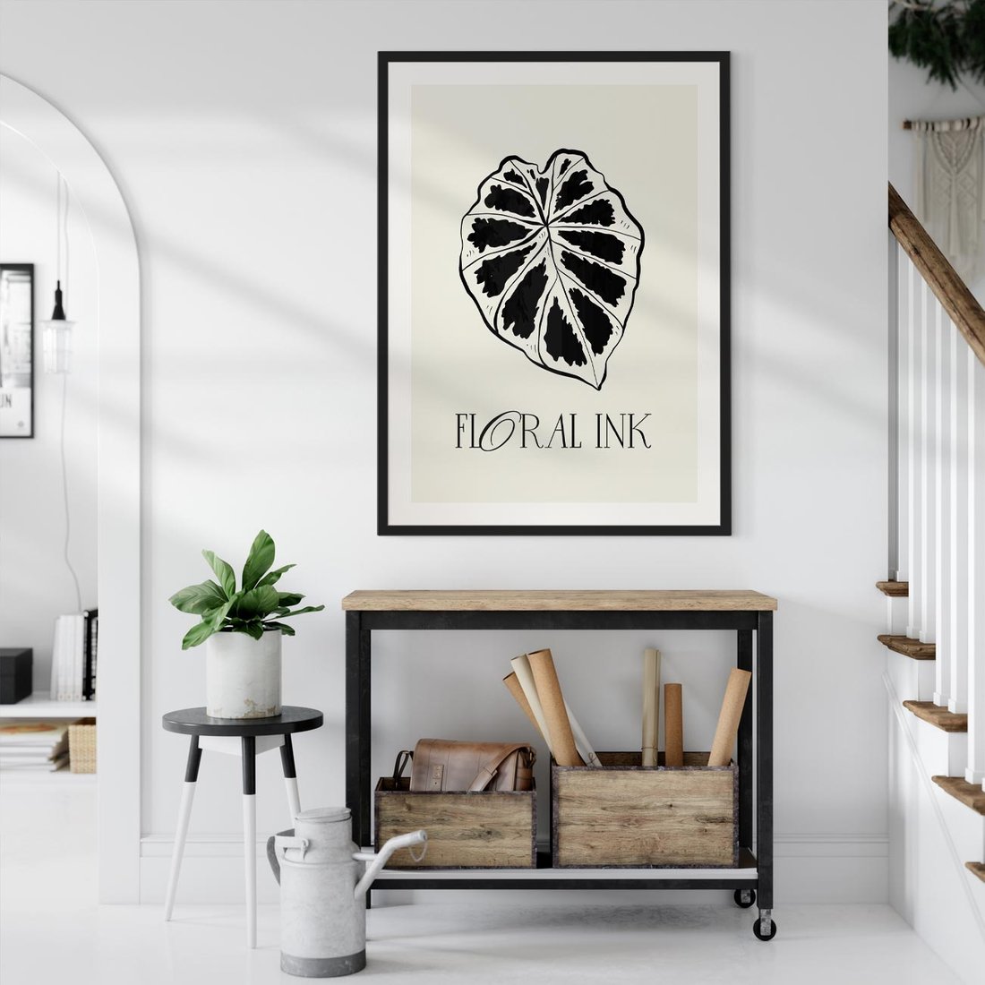 Plakat w ramie 40x50 - Zapisane na liściach wspomnienia - liść, czarny kontur na jasnym tle - rama czarna