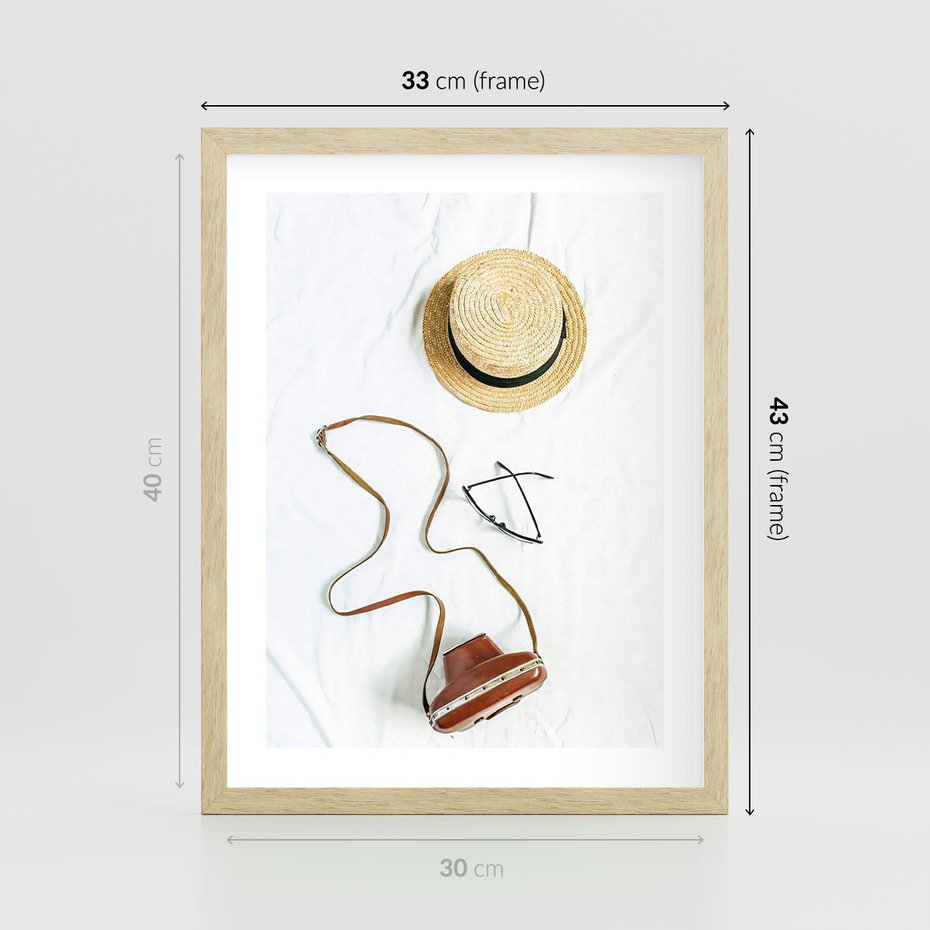 Plakat w ramie 30x40 - Artystyczna Dusza - boho kompozycja, kapelusz słomkowy - rama drewno