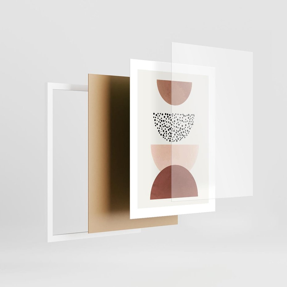 Plakat w ramie 30x40 - Geometryczna Harmonia w Brązach i Beżach - geometryczne kształty, brązy i beże - rama biała