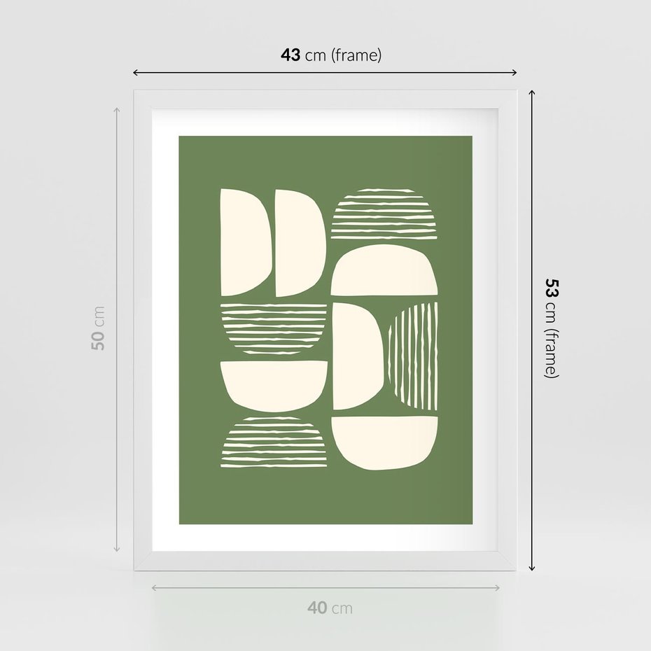 Plakat w ramie 40x50 - Migotliwe Formy - geometryczne boho kształty na brązowym, oliwkowym tle - rama biała